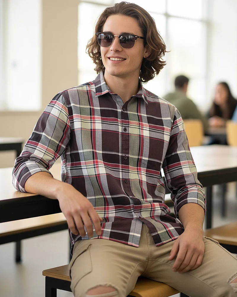 bewakoof Men's Maroon & Green Checked Shirt